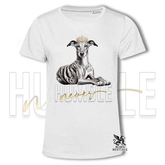 T-shirt stampata con un Galgo Espanol, colore bianco con grafica Never Humble