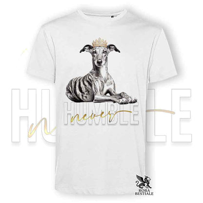 T-shirt stampata con un Galgo Espanol, colore bianco con grafica Never Humble