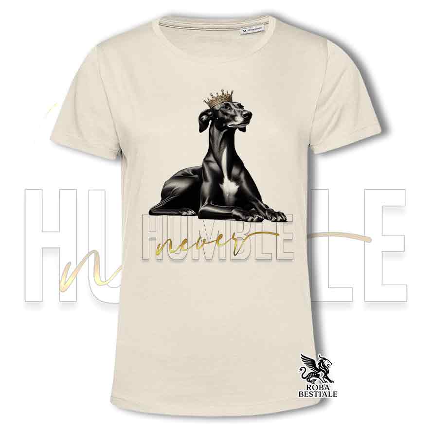 T-shirt stampata con un Galgo Espanol, colore beige con grafica Never Humble