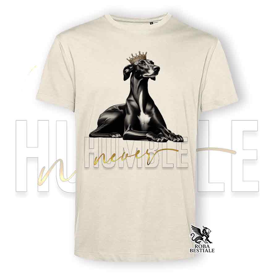 T-shirt stampata con un Galgo Espanol, colore beige con grafica Never Humble