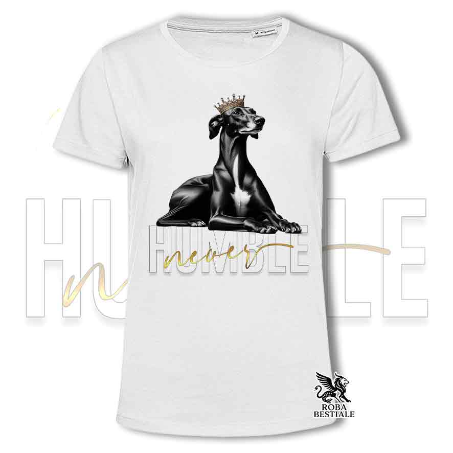 T-shirt stampata con un Galgo Espanol, colore bianco con grafica Never Humble