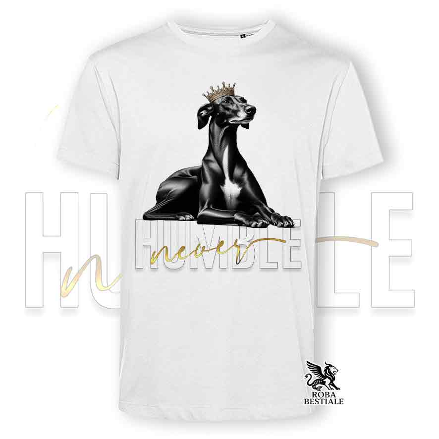 T-shirt stampata con un Galgo Espanol, colore bianco con grafica Never Humble