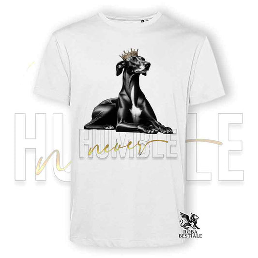 T-shirt stampata con un Galgo Espanol, colore bianco con grafica Never Humble
