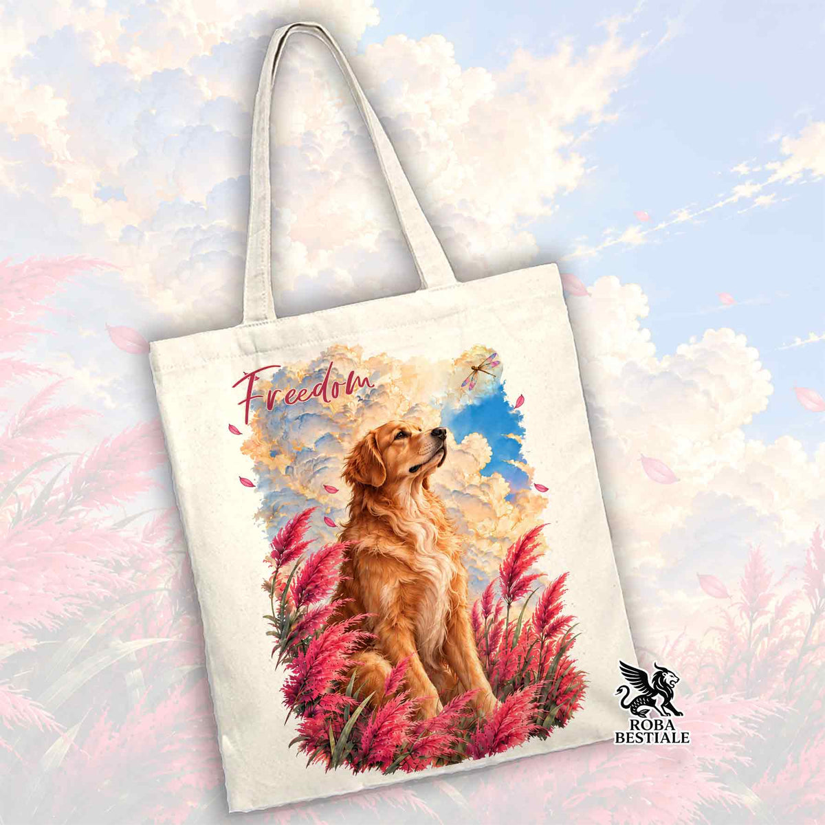 Shopper beige con stampa di golden retriever tra fiori rosa e scritta Freedom
