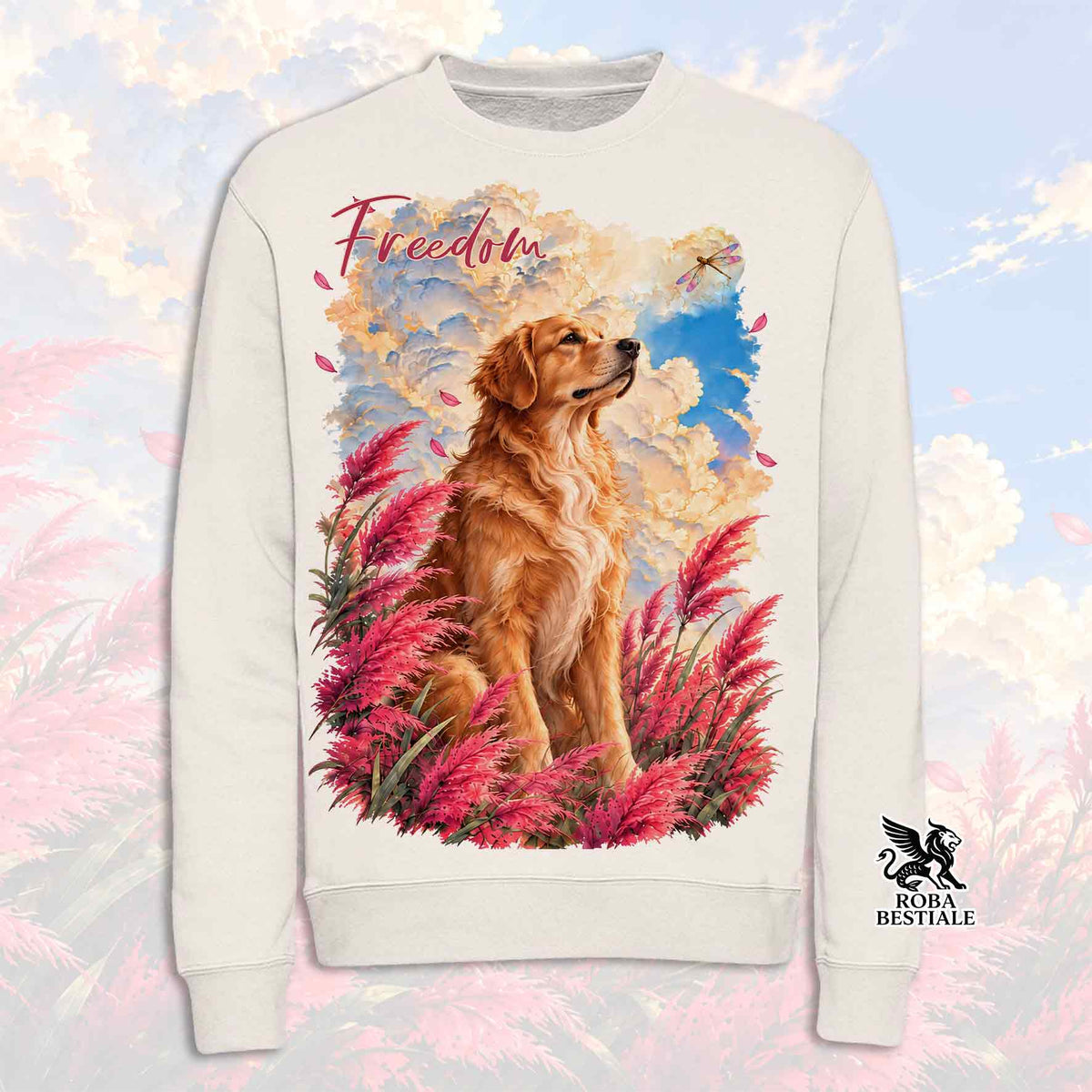 Felpa girocollo avorio con stampa colorata di un golden retriever tra fiori