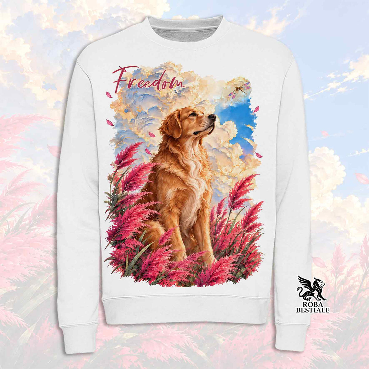 Felpa girocollo bianca con stampa colorata di un golden retriever tra fiori