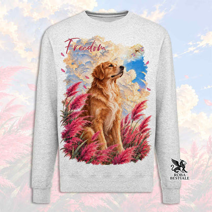Felpa girocollo grigio mélange con stampa colorata di un golden retriever tra fiori