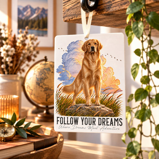 Car Air Freshener QUOTES "DREAM" - GOLDEN RETRIEVER - Felt, with cord - 7.5 x 10 cm