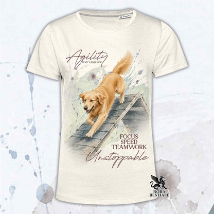 T-shirt beige stampata con un Golden Retriever che fa Agility. Grafica originale Roba Bestiale, collezione A-Frame