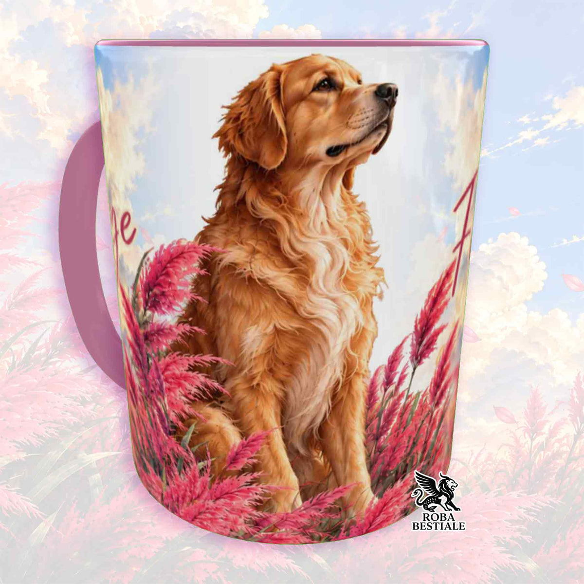 Tazza con dettagli rosa e illustrazione di un golden retriever tra erbe rosa