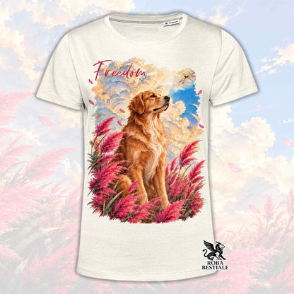 T-shirt beige dal taglio sfiancato con Golden Retriever, erbe rosa e scritta Freedom
