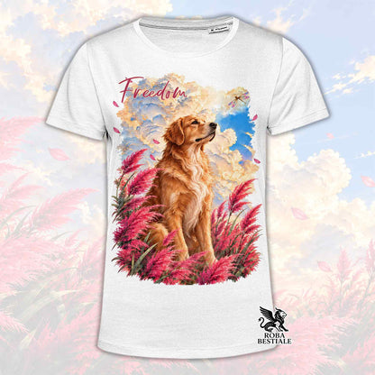 T-shirt bianca dal taglio sfiancato con stampa di Golden Retriever tra erbe rosa