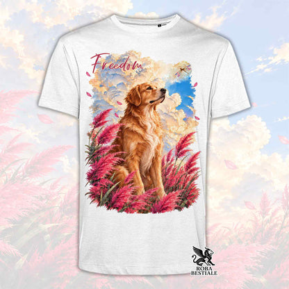 T-shirt bianca a taglio dritto con Golden Retriever, erbe rosa e scritta Freedom