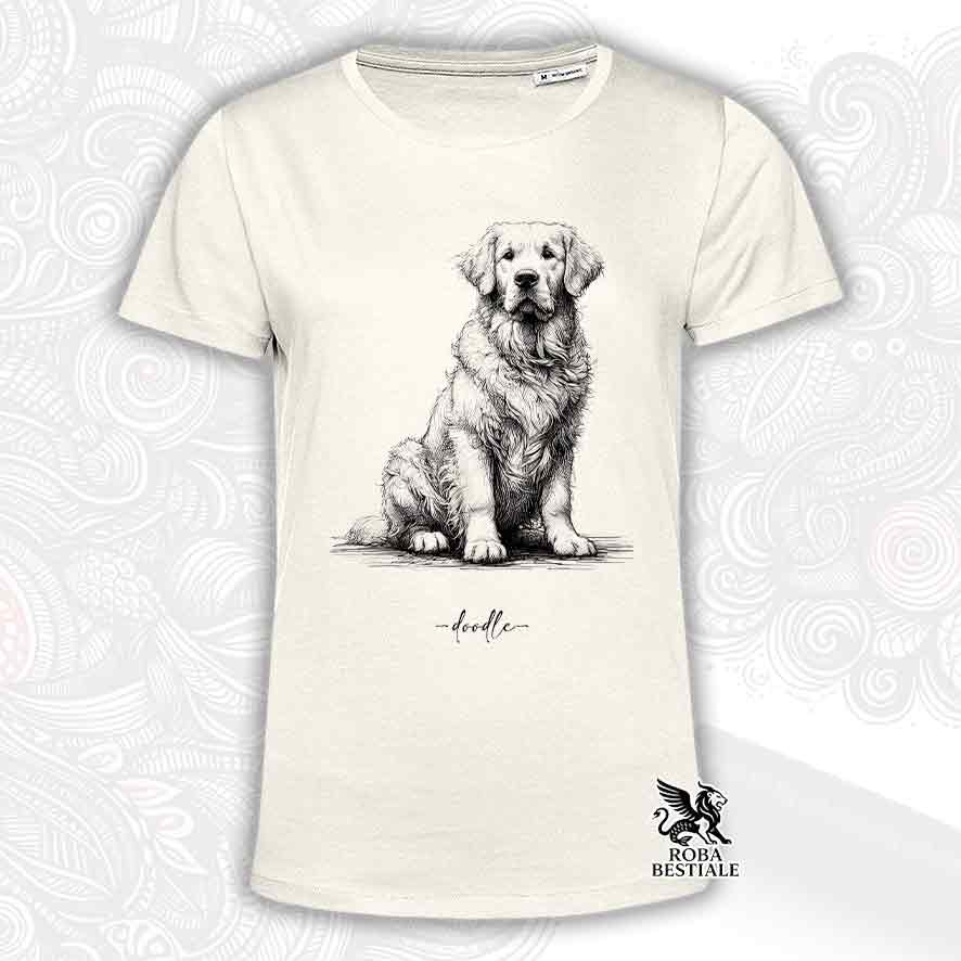 T-shirt beige stampata con un Golden Retriever, grafica Doodle