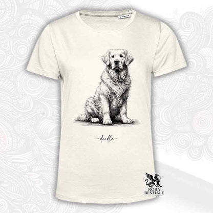 T-shirt beige stampata con un Golden Retriever, grafica Doodle