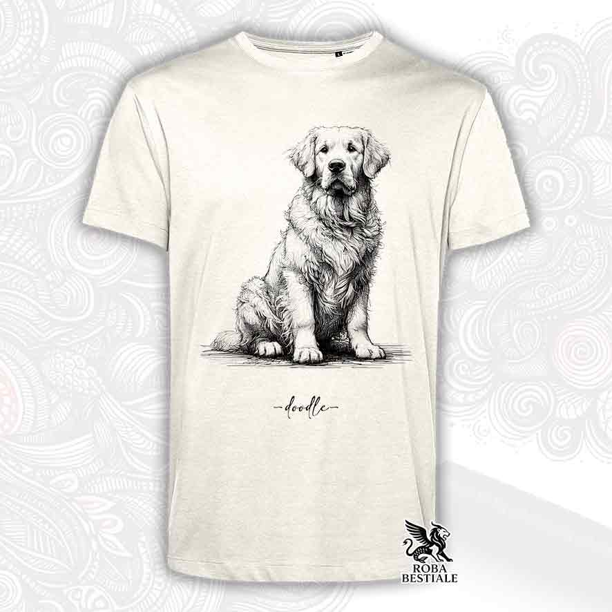T-shirt beige stampata con un Golden Retriever, grafica Doodle