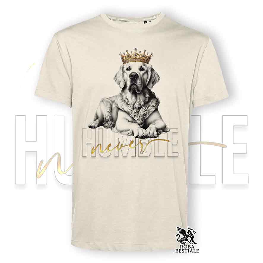 T-shirt stampata con un Golden Retriever, colore beige con grafica Never Humble