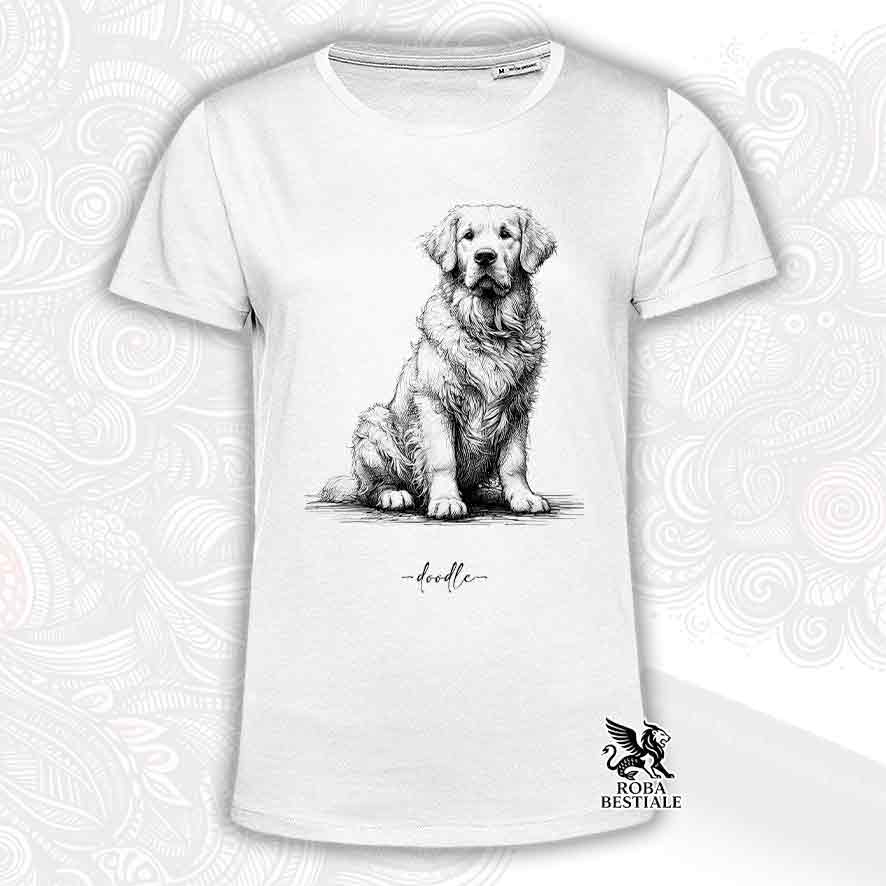 T-shirt bianca stampata con un Golden Retriever, grafica Doodle