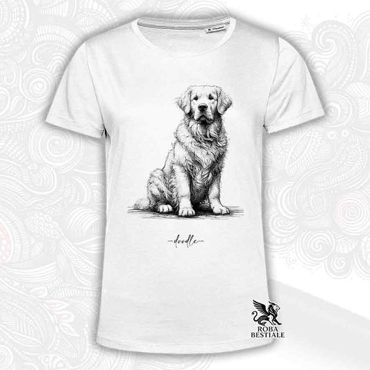 T-shirt bianca stampata con un Golden Retriever, grafica Doodle
