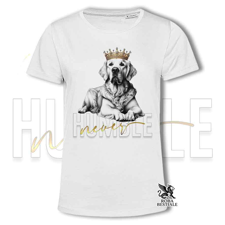T-shirt stampata con un Golden Retriever, colore bianco con grafica Never Humble