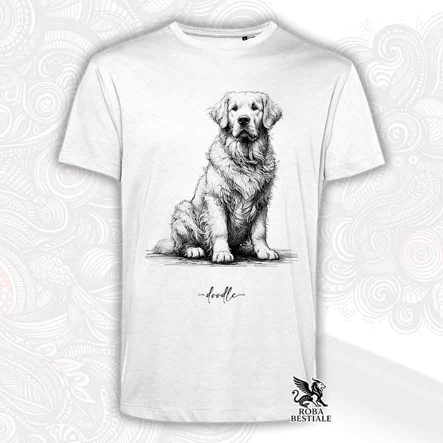 T-shirt bianca stampata con un Golden Retriever, grafica Doodle