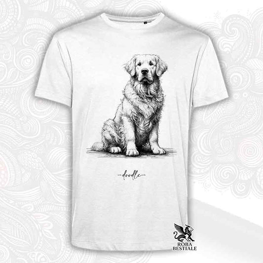 T-shirt bianca stampata con un Golden Retriever, grafica Doodle