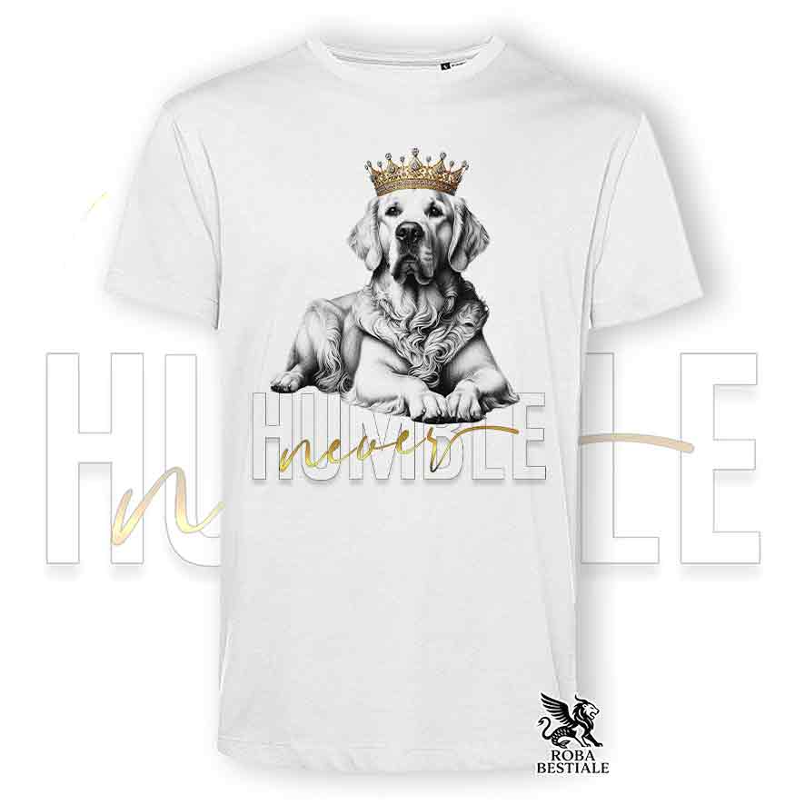 T-shirt stampata con un Golden Retriever, colore bianco con grafica Never Humble