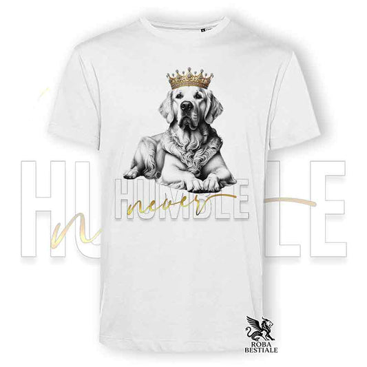 T-shirt stampata con un Golden Retriever, colore bianco con grafica Never Humble