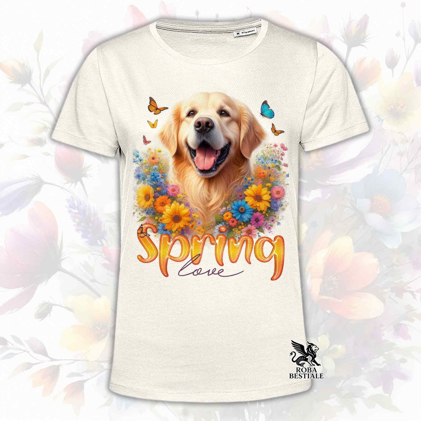 Una t-shirt beige stampata con un Golden Retriever immerso nei fiori colorati. Collezione Spring Love di Roba Bestiale