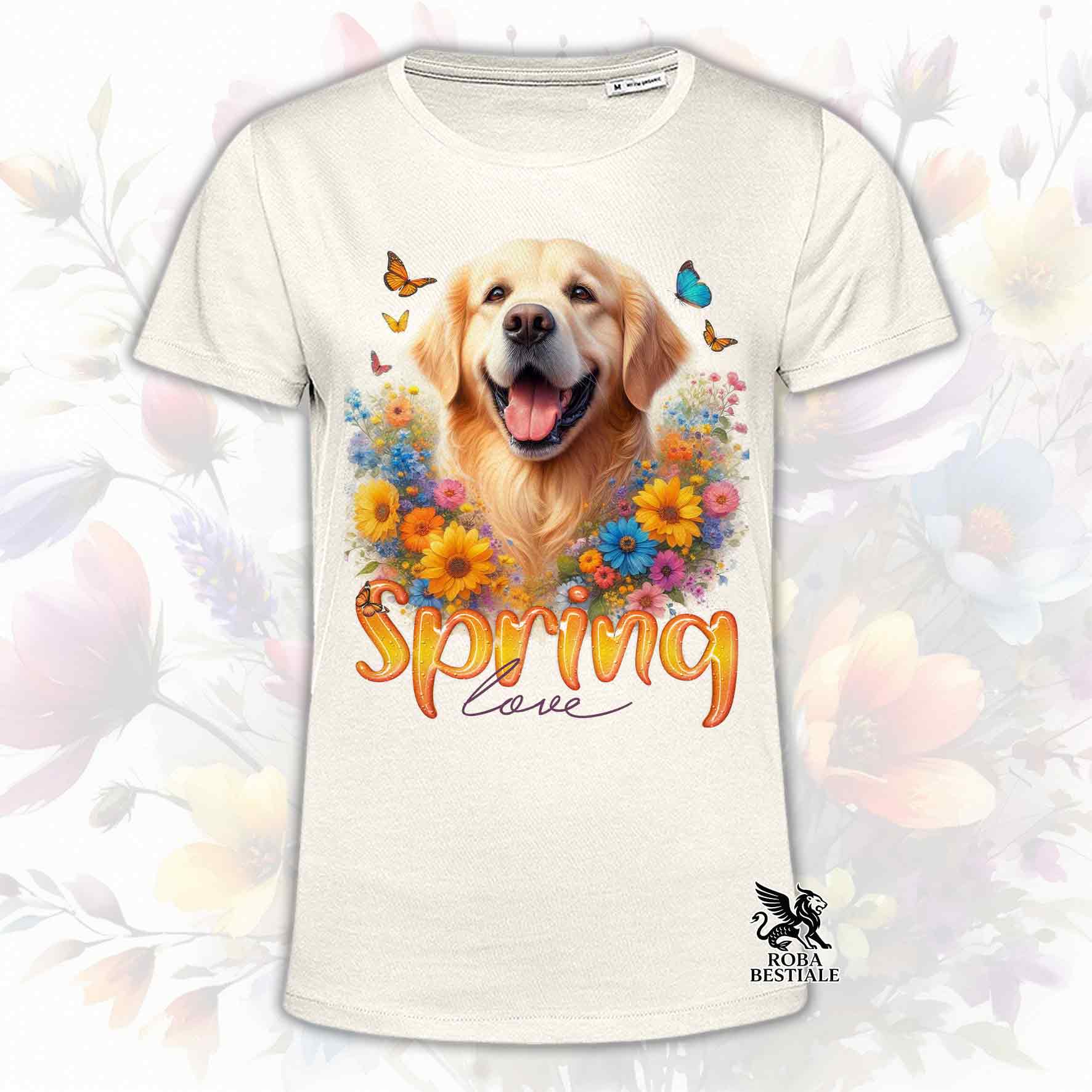 Una t-shirt beige stampata con un Golden Retriever immerso nei fiori colorati. Collezione Spring Love di Roba Bestiale
