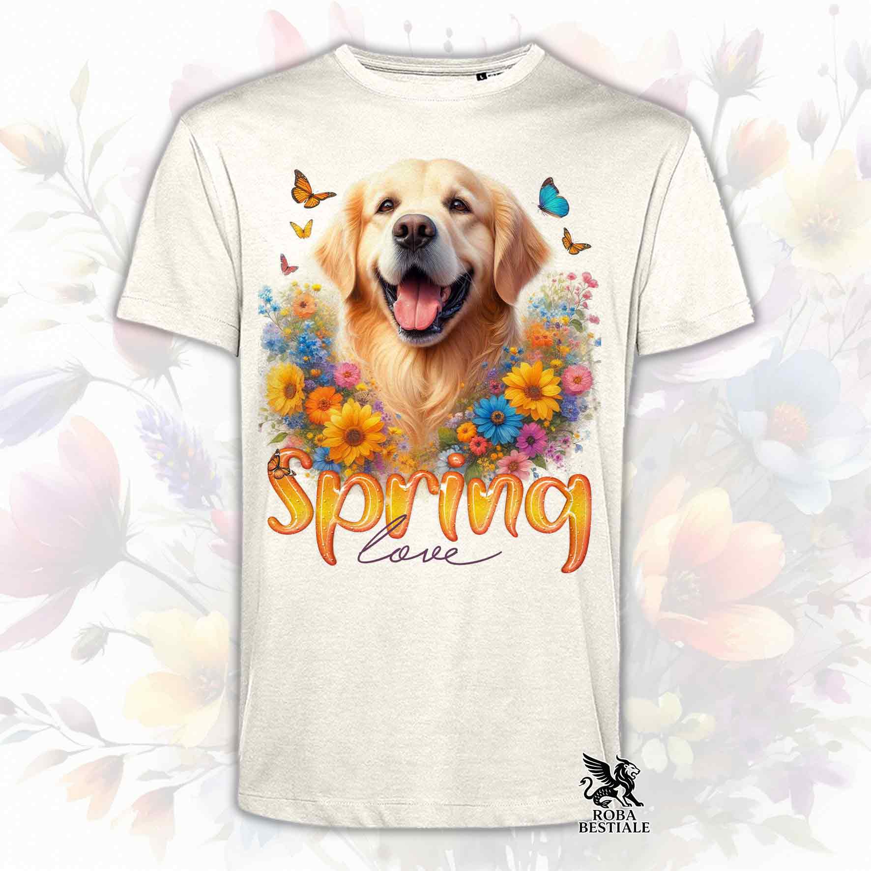 Una t-shirt beige stampata con un Golden Retriever immerso nei fiori colorati. Collezione Spring Love di Roba Bestiale
