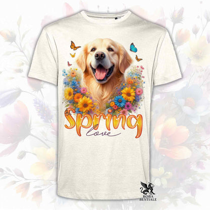 Una t-shirt beige stampata con un Golden Retriever immerso nei fiori colorati. Collezione Spring Love di Roba Bestiale