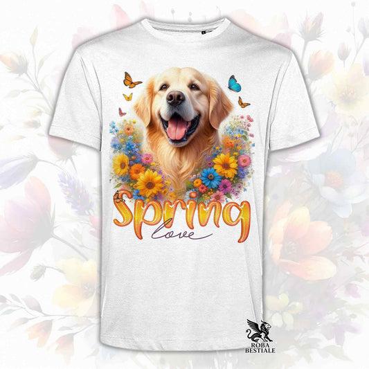 Una t-shirt bianca stampata con un Golden Retriever immerso nei fiori colorati. Collezione Spring Love di Roba Bestiale