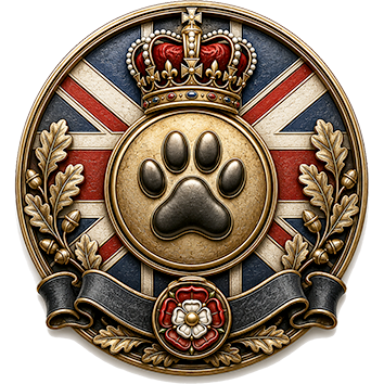 Un badge che identifica la Gran Bretagna come paese d'origine di cani di diverse razze