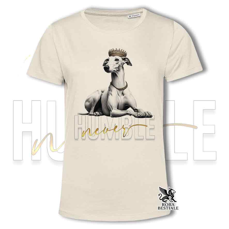 T-shirt stampata con un Greyhound, colore beige con grafica Never Humble