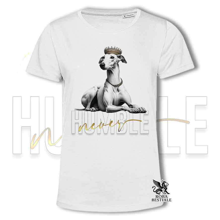 T-shirt stampata con un Greyhound, colore bianco con grafica Never Humble