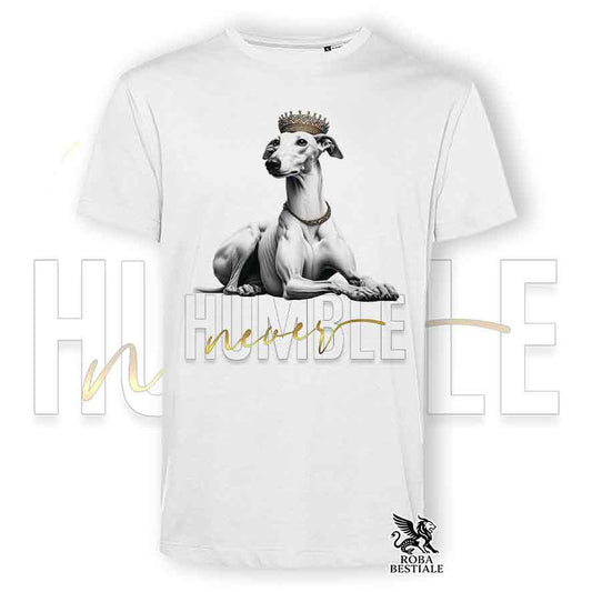 T-shirt stampata con un Greyhound, colore bianco con grafica Never Humble