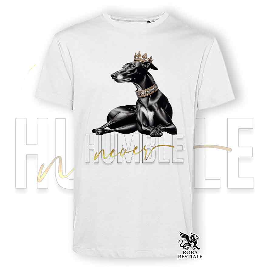 T-shirt stampata con un Greyhound, colore bianco con grafica Never Humble