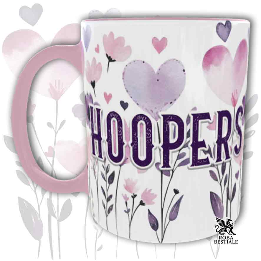 Tazza con dettagli rosa stampata con una grafica dedicata all'Hoopers, collezione Candy