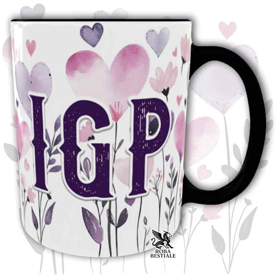 Tazza con dettagli neri stampata con una grafica dedicata all'IGP, collezione Candy