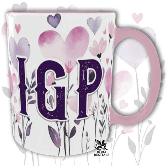 Tazza con dettagli rosa stampata con una grafica dedicata all'IGP, collezione Candy