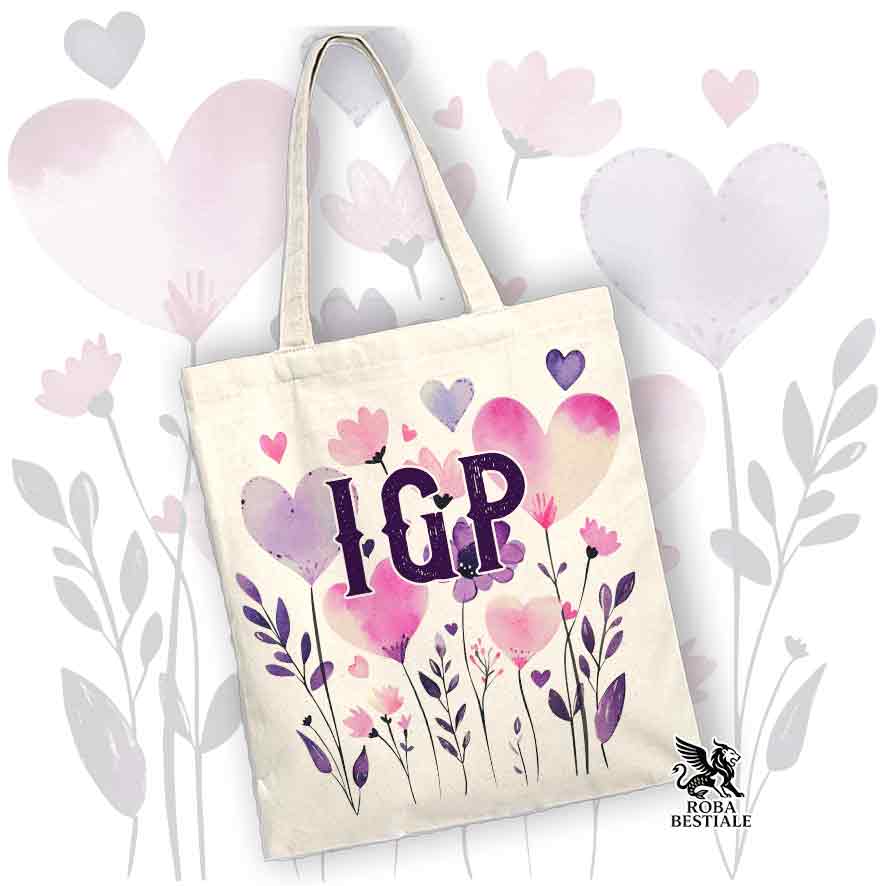 Borsa shopper beige stampata con una grafica dedicata all'IGP, collezione Candy