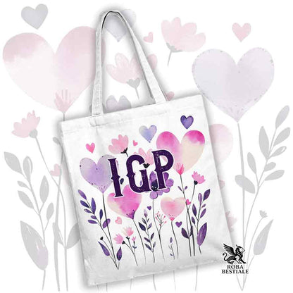 Borsa shopper bianca stampata con una grafica dedicata all'IGP, collezione Candy