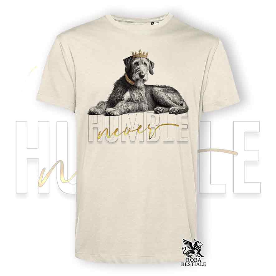 T-shirt stampata con un Irish Wolfhound, colore beige con grafica Never Humble