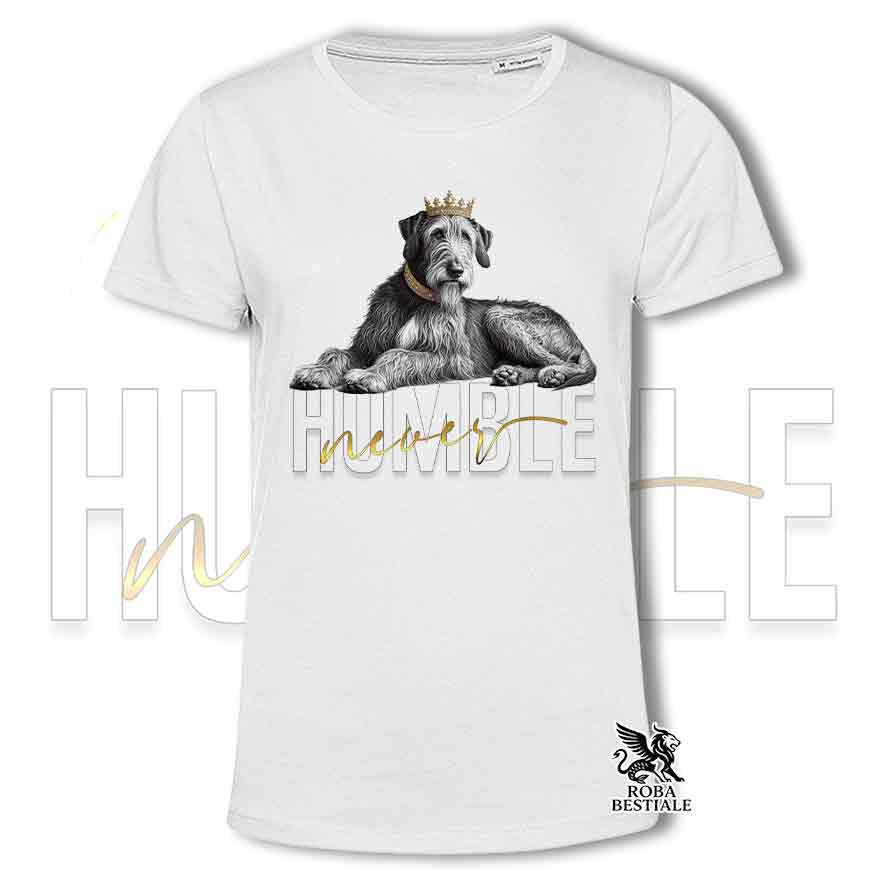 T-shirt stampata con un Irish Wolfhound, colore bianco con grafica Never Humble