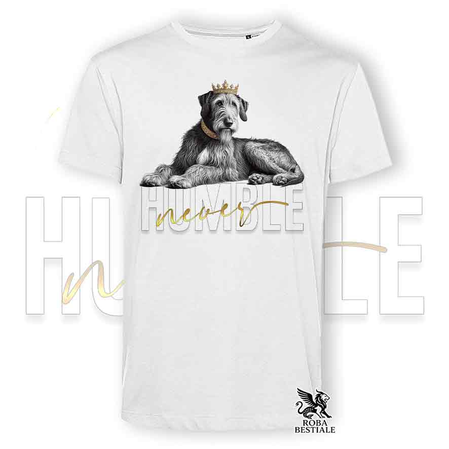 T-shirt stampata con un Irish Wolfhound, colore bianco con grafica Never Humble