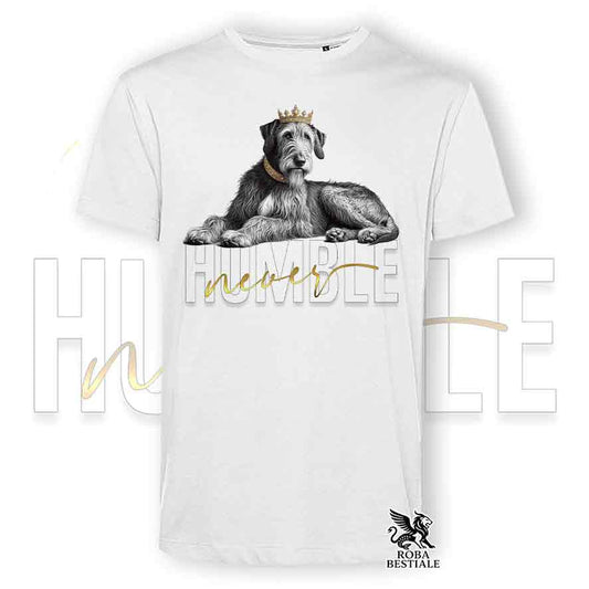 T-shirt stampata con un Irish Wolfhound, colore bianco con grafica Never Humble