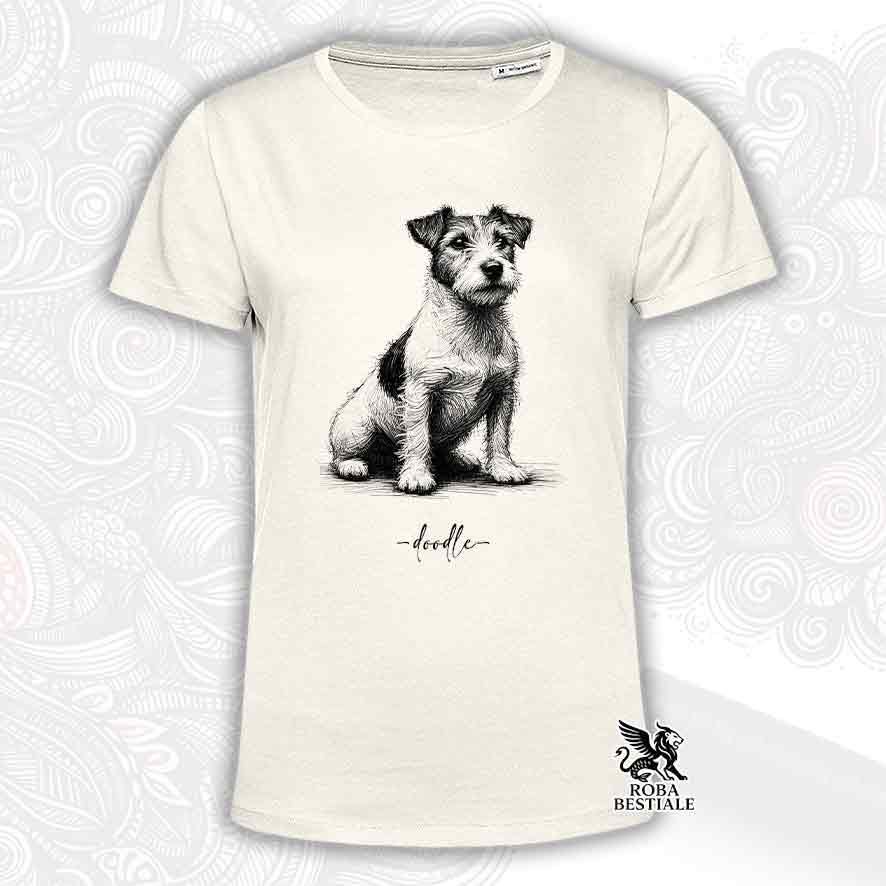 T-shirt beige stampata con un Jack Russell Terrier, grafica Doodle