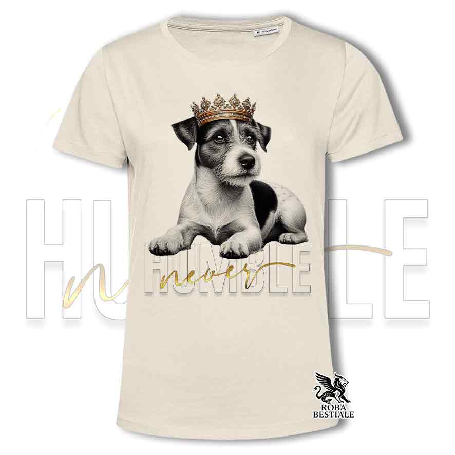 T-shirt stampata con un Jack Russell broken, colore beige con grafica Never Humble