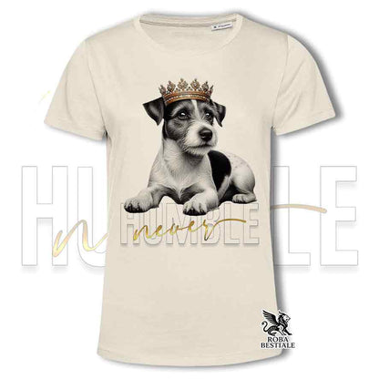 T-shirt stampata con un Jack Russell broken, colore beige con grafica Never Humble